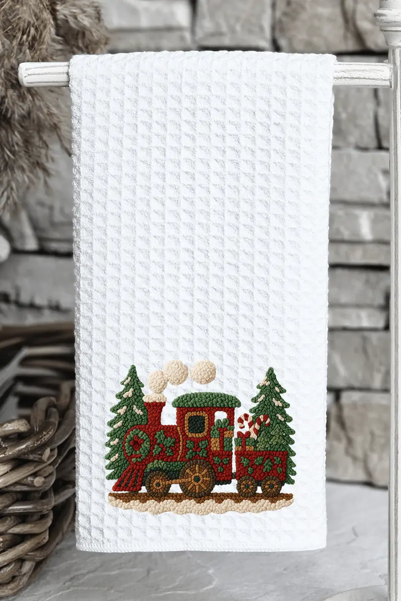 Faux Yarn Mistletoe Express Waffle Kitchen Towel