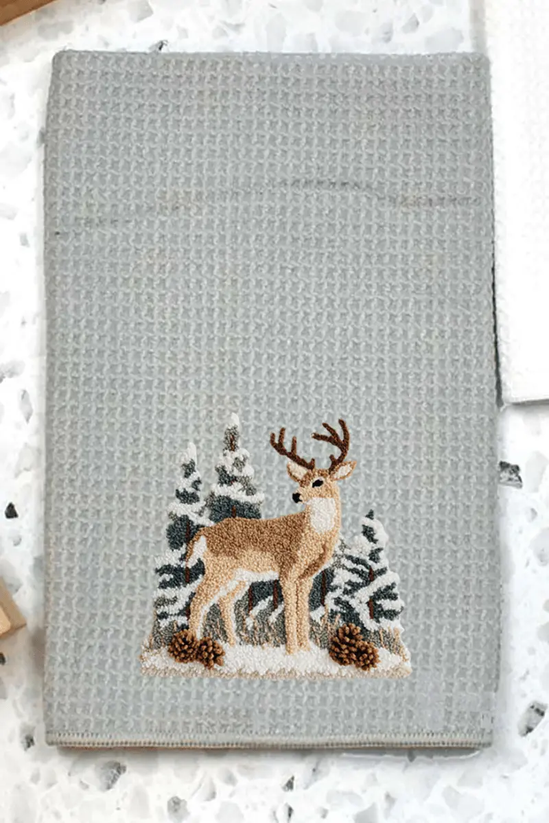 Faux Yarn Winter Deer Gray Waffle Kitchen Towel