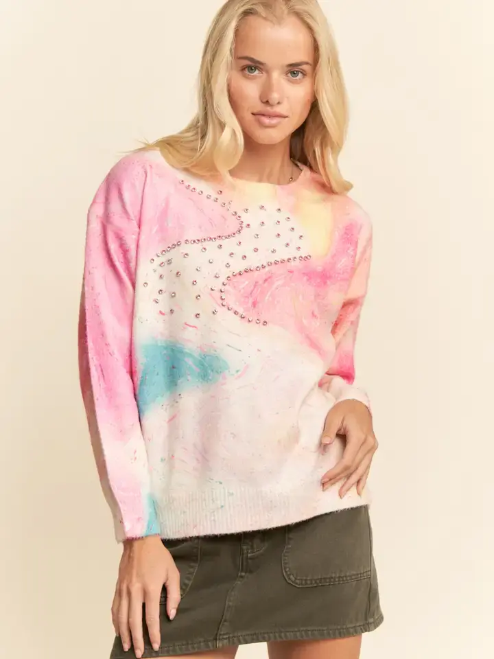 Floral Checkerboard Print Soft Knit Sweater