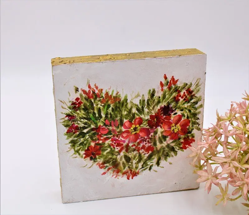 Floral Heart Hand Painted Table Block