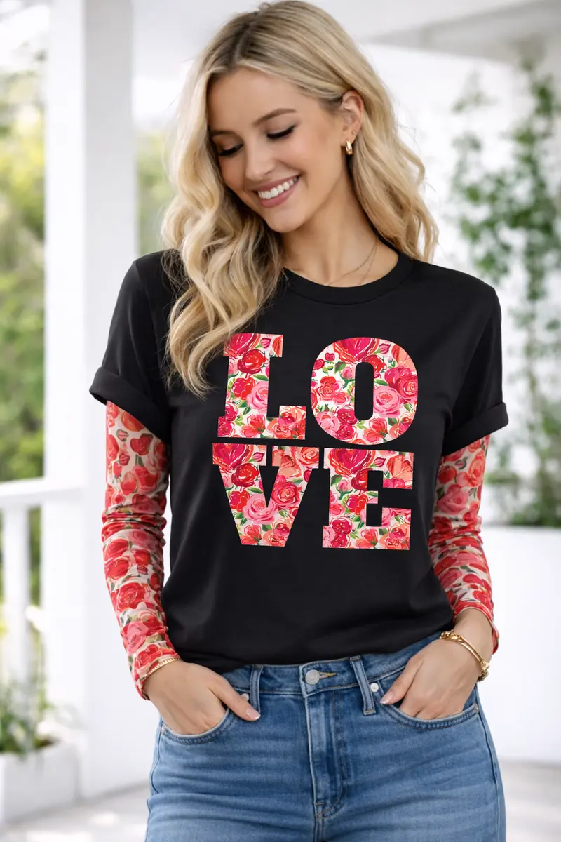 Floral LOVE Tee - Crew or Vneck