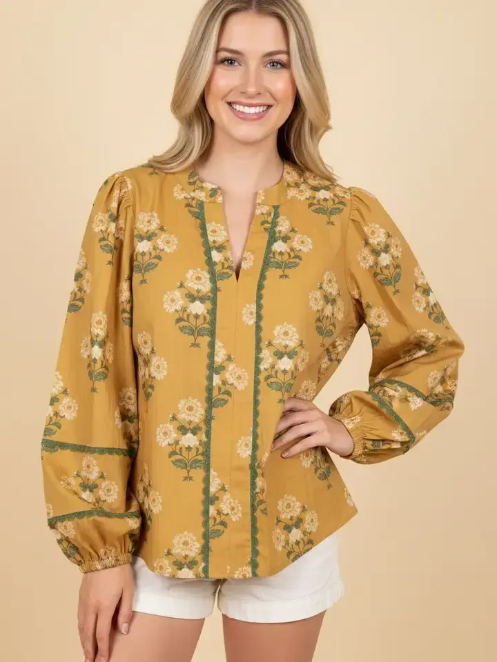 Floral Print Lace Trim Blouse