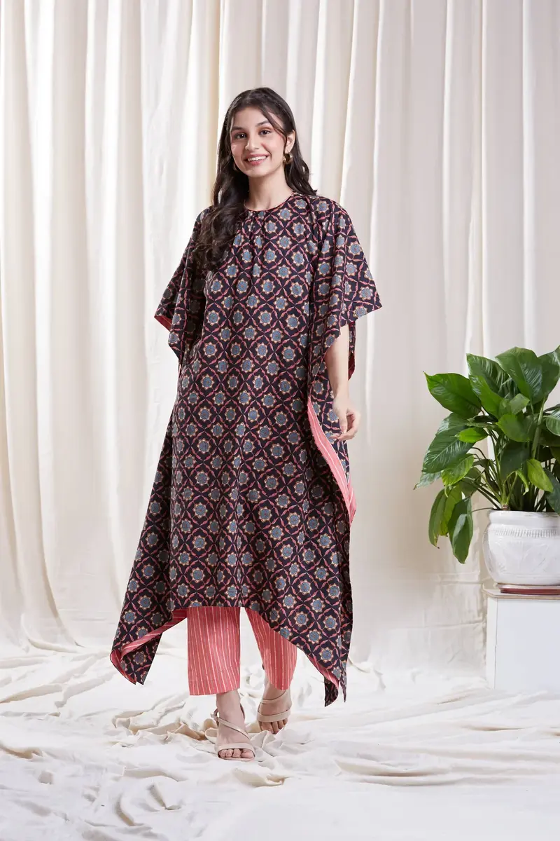 Floral Printed Black Kaftan Set