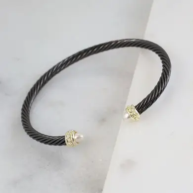 Flueger Cable Cuff Bracelet with Pearl Ends Hematite