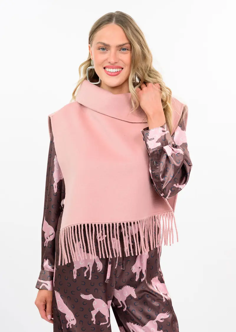Fringe Poncho with Collar in Blush