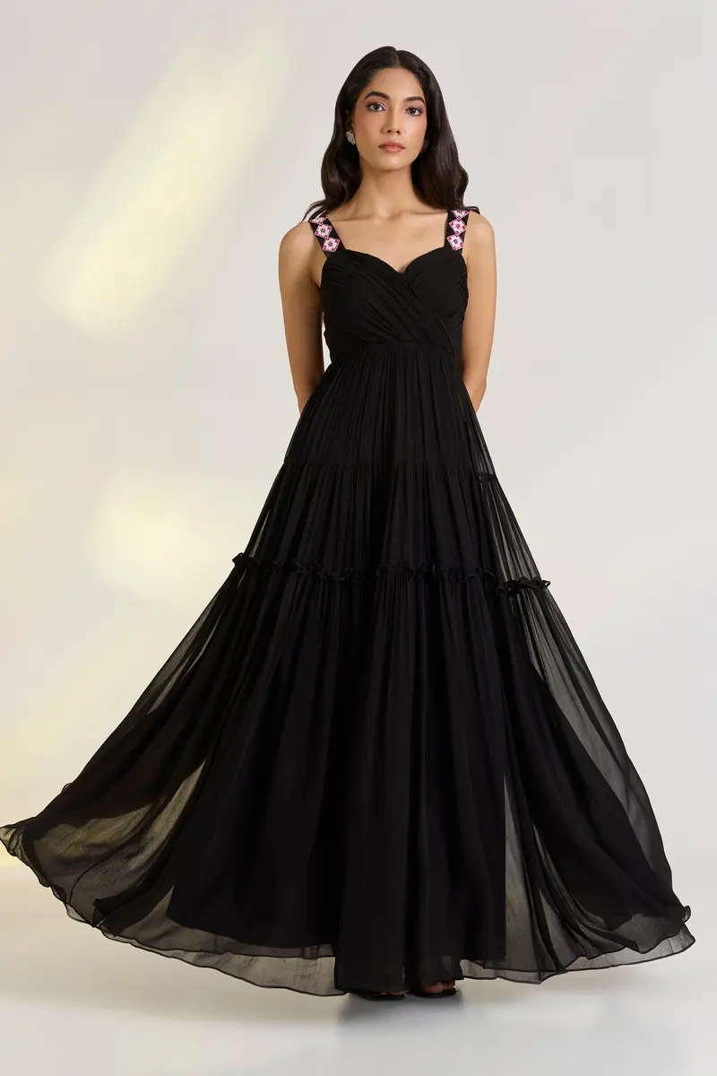 Georgette Nyra Black Drape Gown