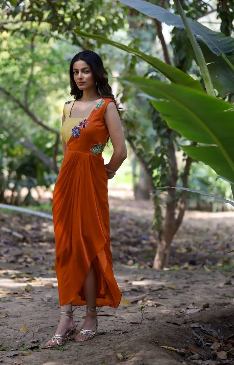 Georgette Orange & Yellow Draped Dress