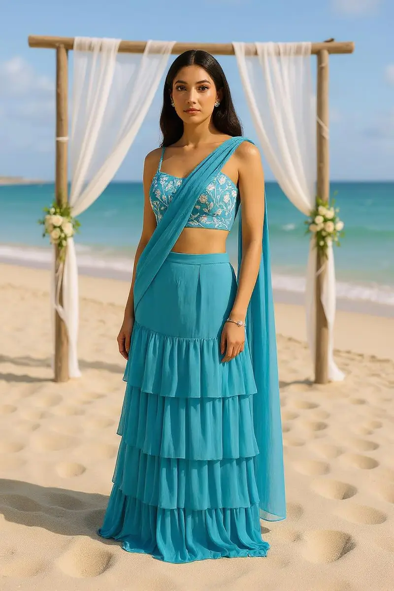Georgette Teal Embroidered Pre-Drape Saree