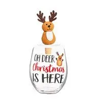 Glass with Reindeer Wine Stopper Gift Set