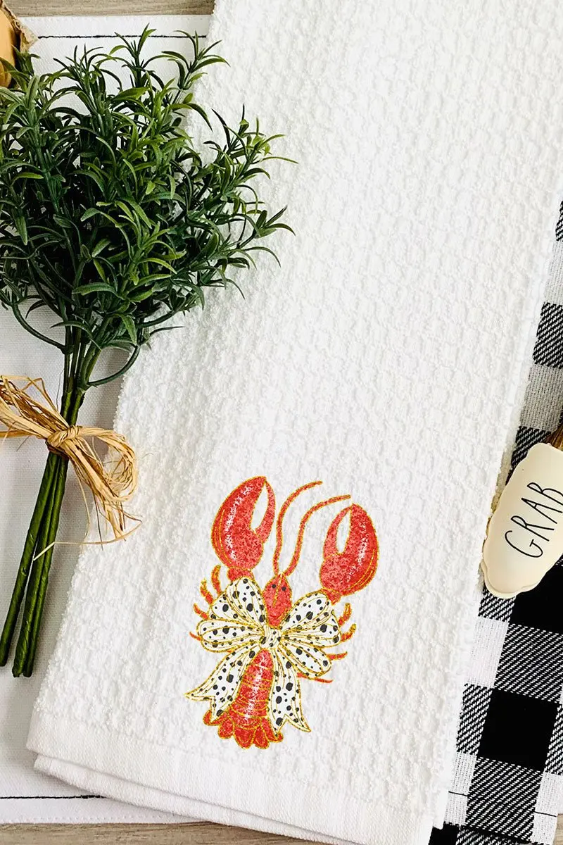 Glitzy Crawfish Coquette Bow Waffle Kitchen Towel