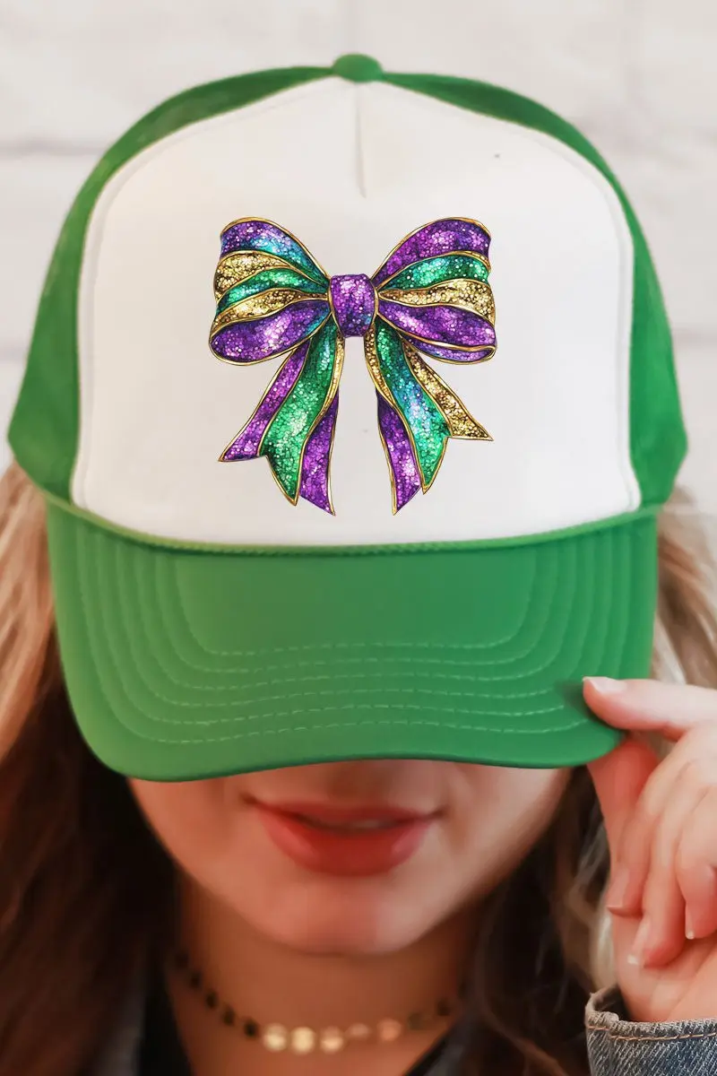 Glitzy Mardi Gras Bow Foam Mesh Back Trucker Cap