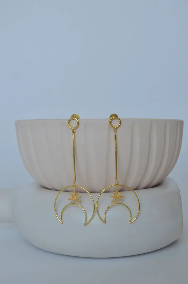 Gold Brass Linear Moon Long Earrings