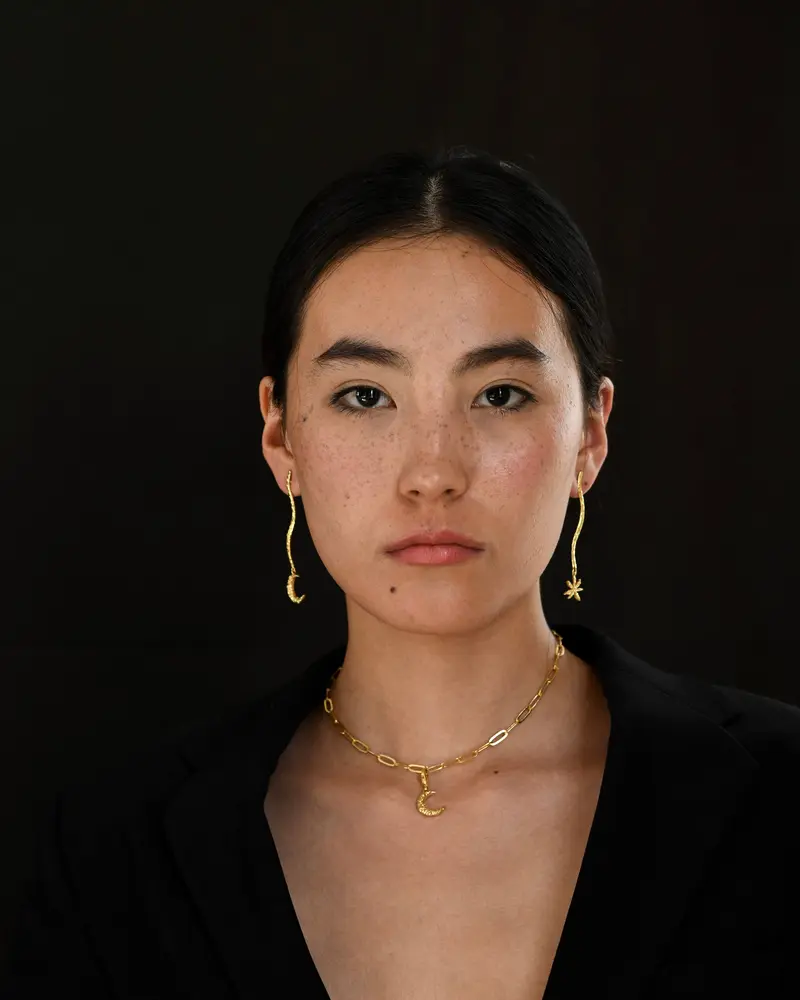 Gold Brass Moon & Star Long Earrings