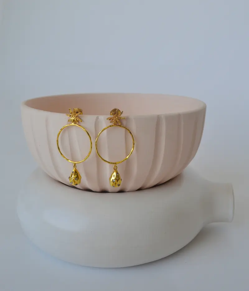 Gold Brass Pearl & Cinnamon Hoops