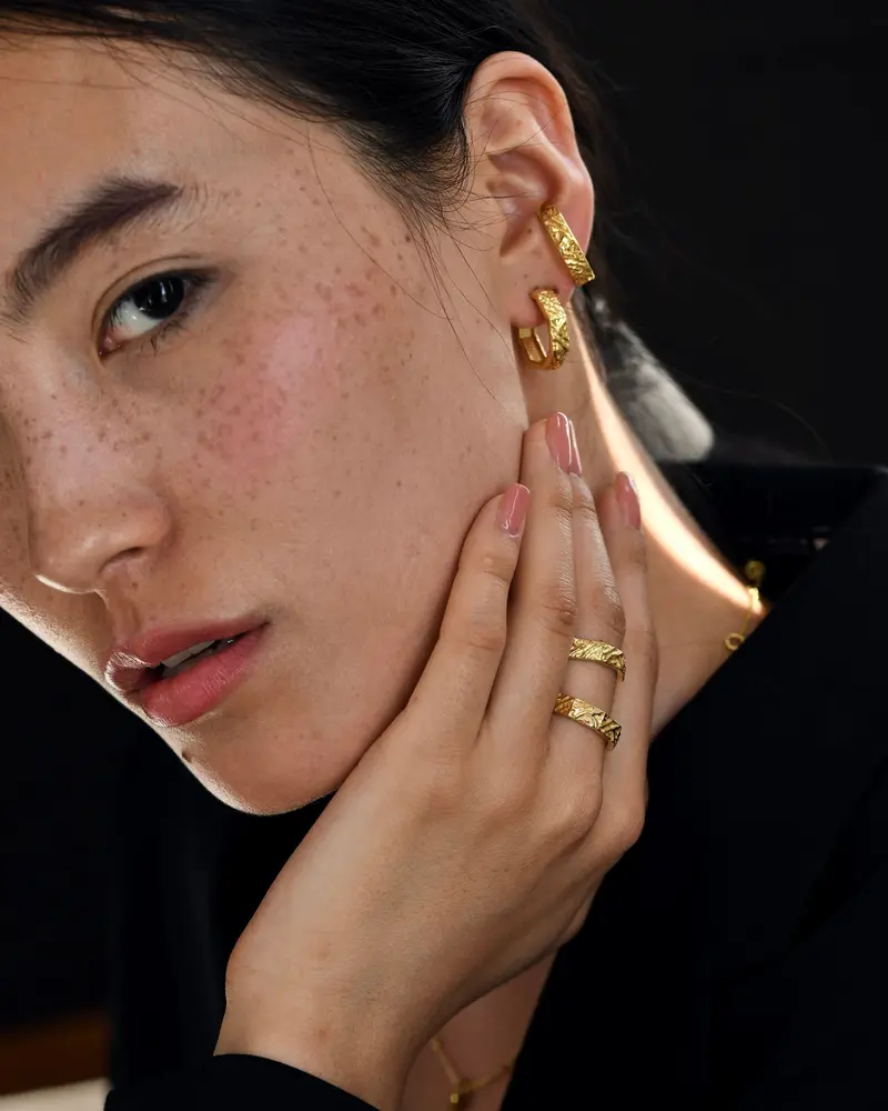 Gold Brass Textured Hexagon Hoops