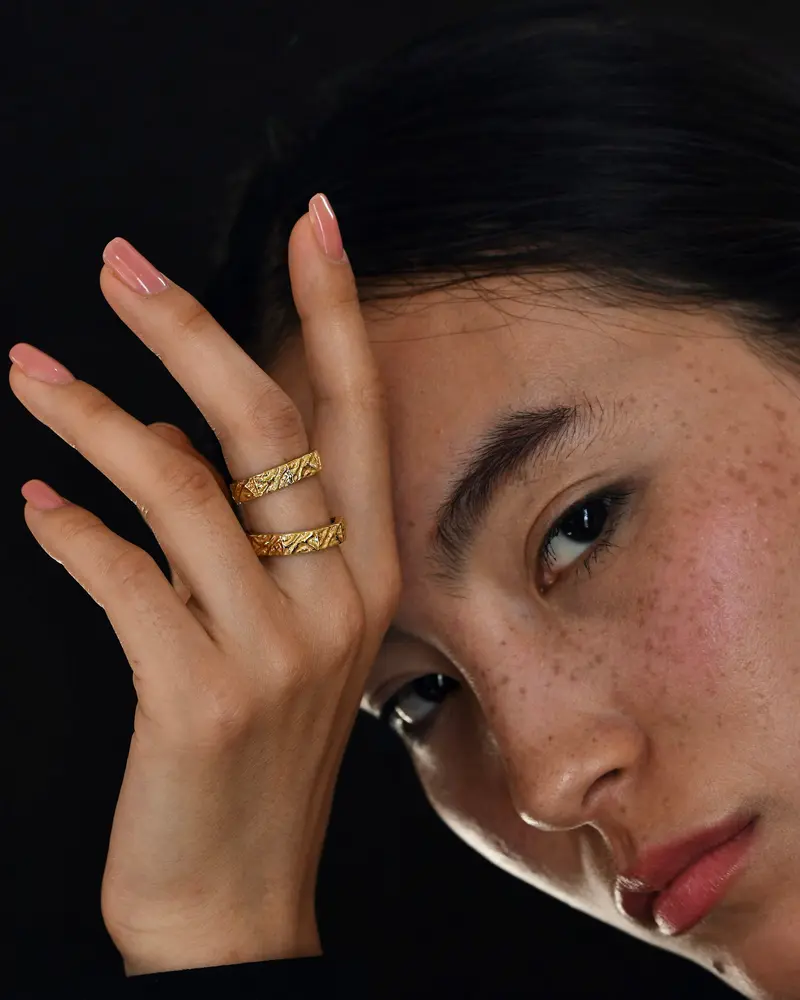 Gold Brass Textured Hexagonal  Rings