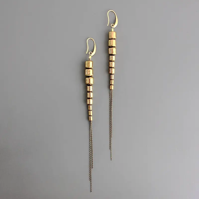 Gold Hematite Long Chain Earrings