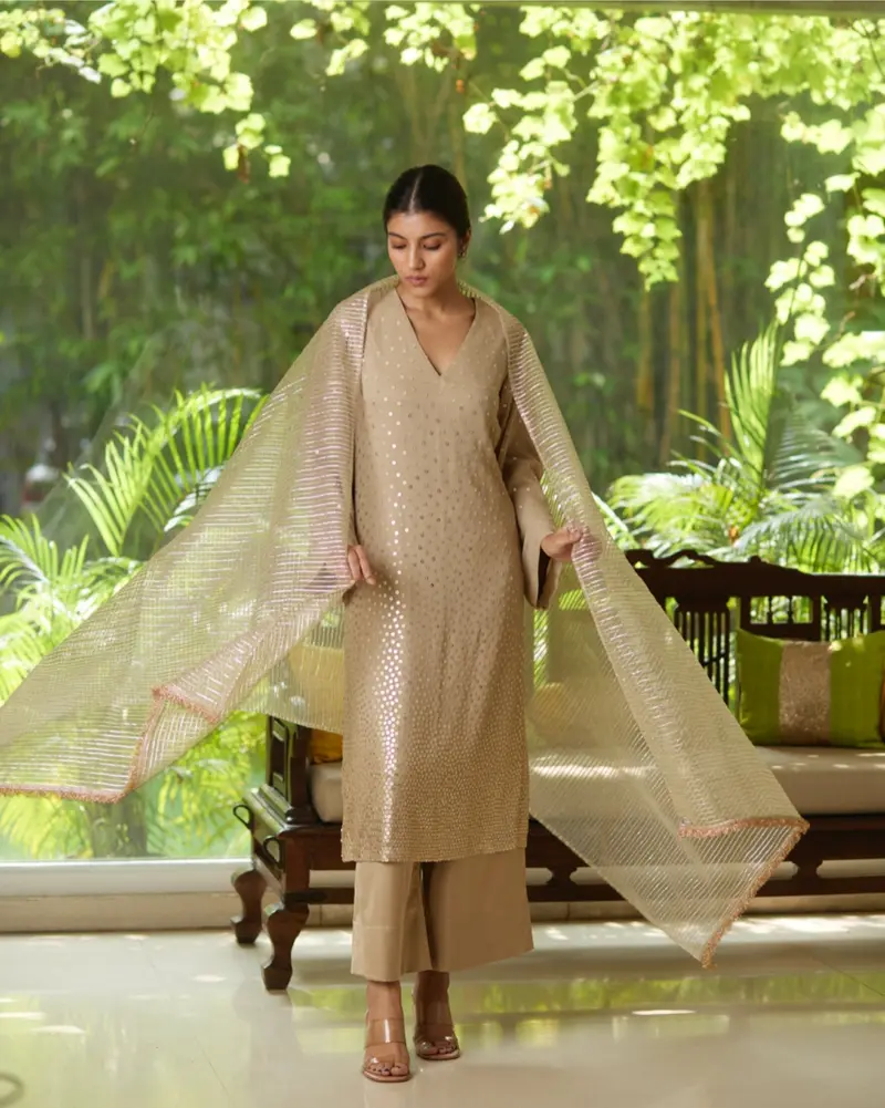 Gold Silver Satin Silk Kurta Pant Set