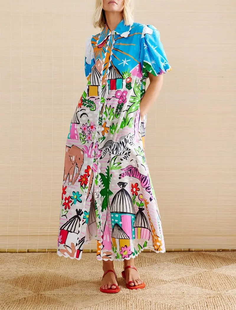 Graphic Print Button-Down Maxi Dress