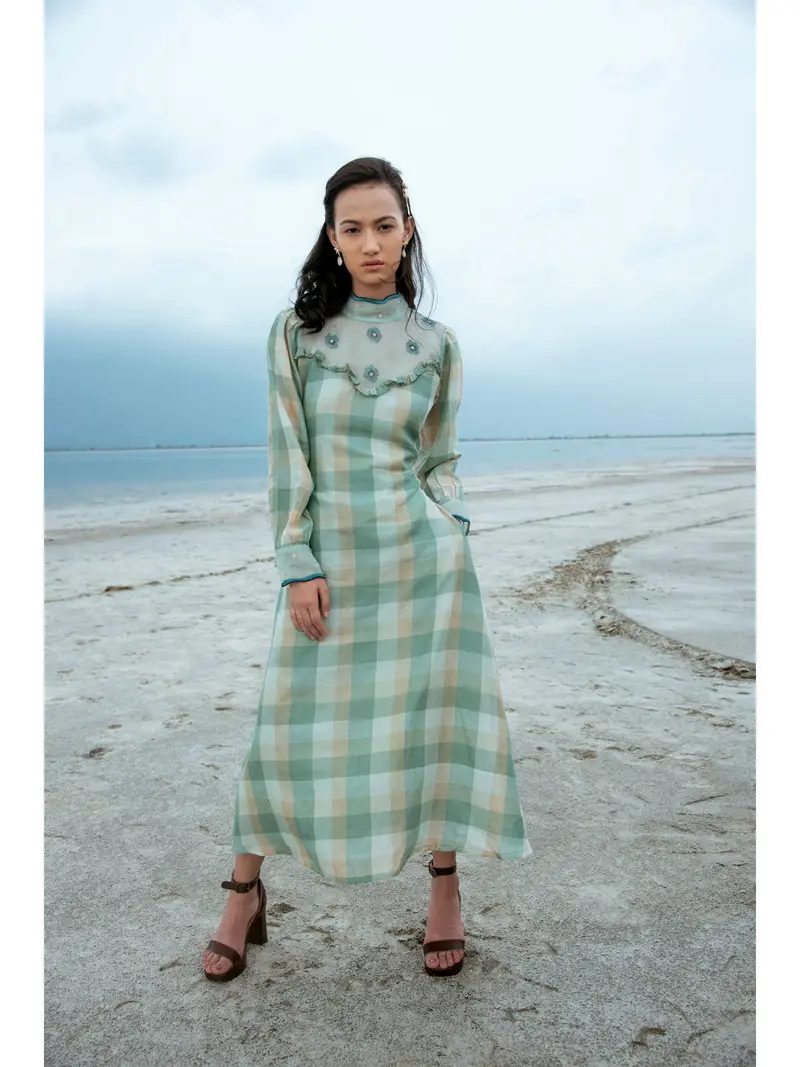 Green Embroidered Checks Maxi Dress