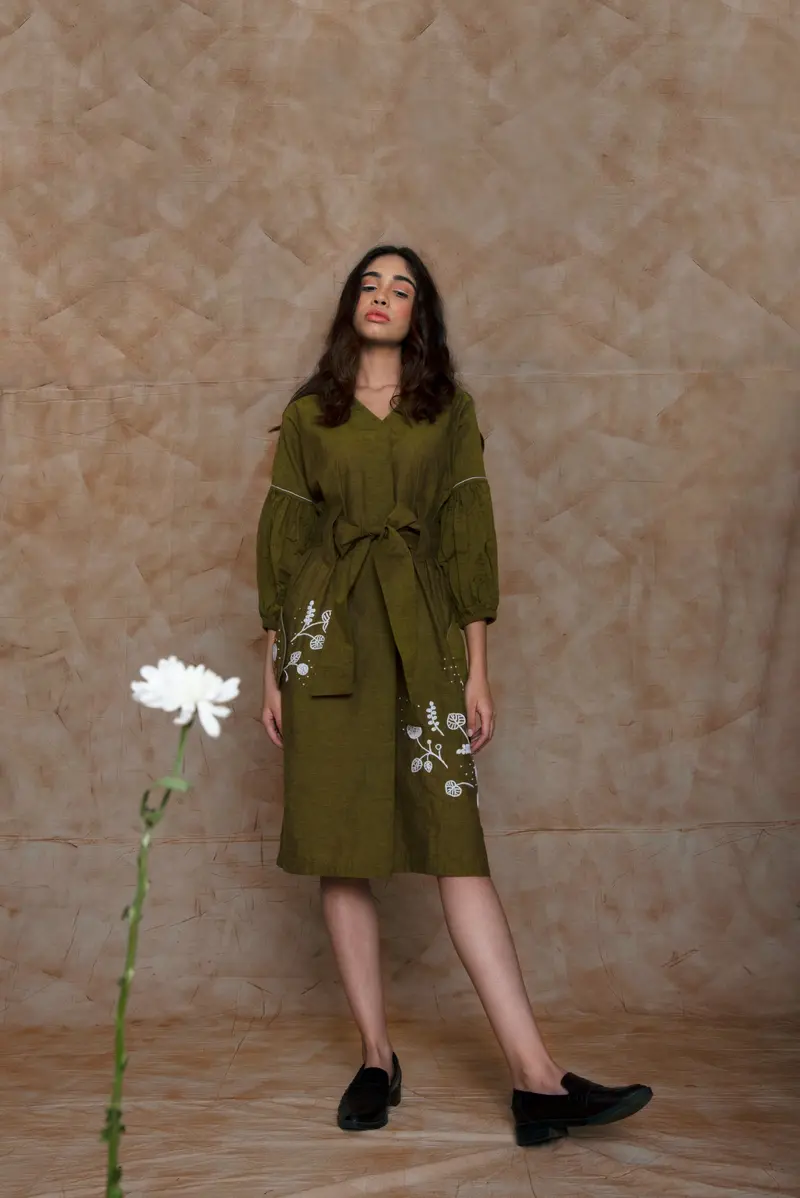 Green Embroidered Midi Dress