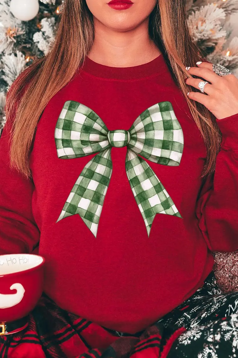Green Gingham Bow Heavy-weight Crew Sweatshirt
