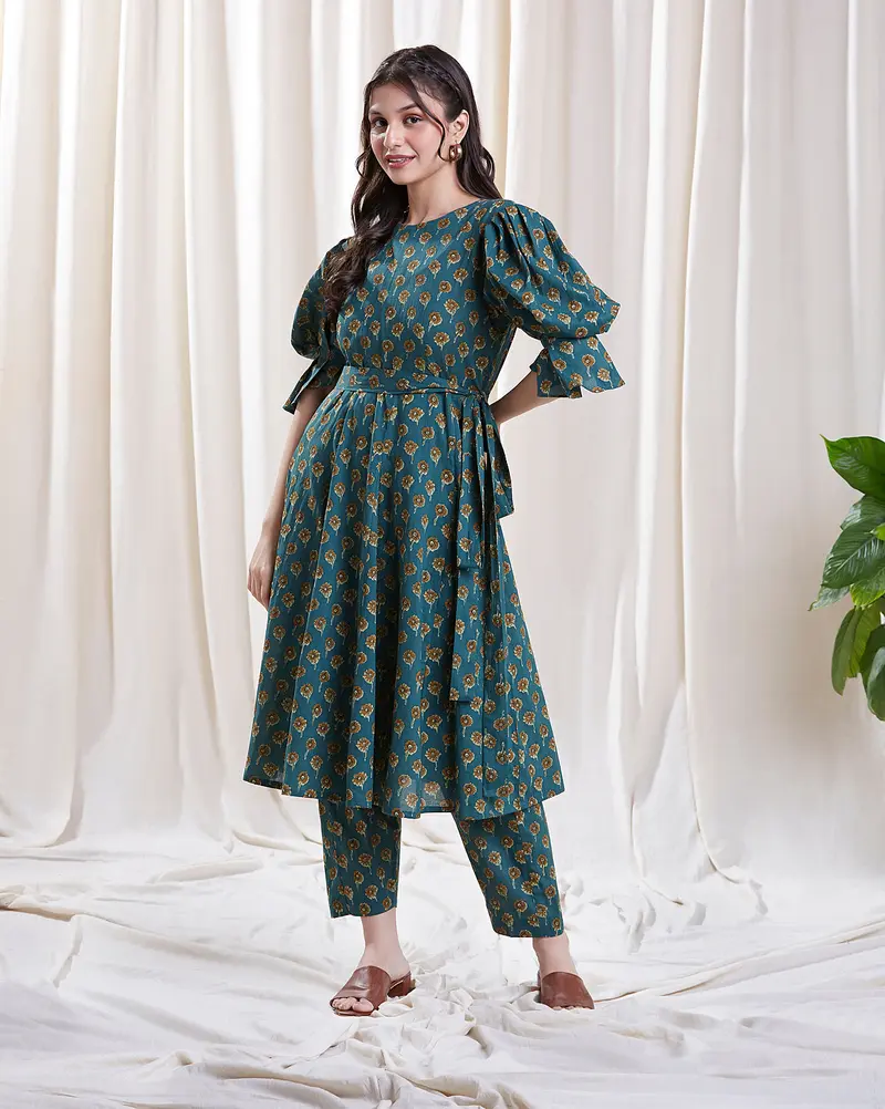 Green Kaftan Set with Puff Sleeves