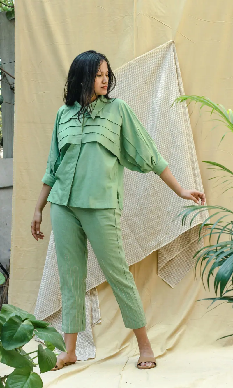 Green Linen Shirt With Pants Complete Set