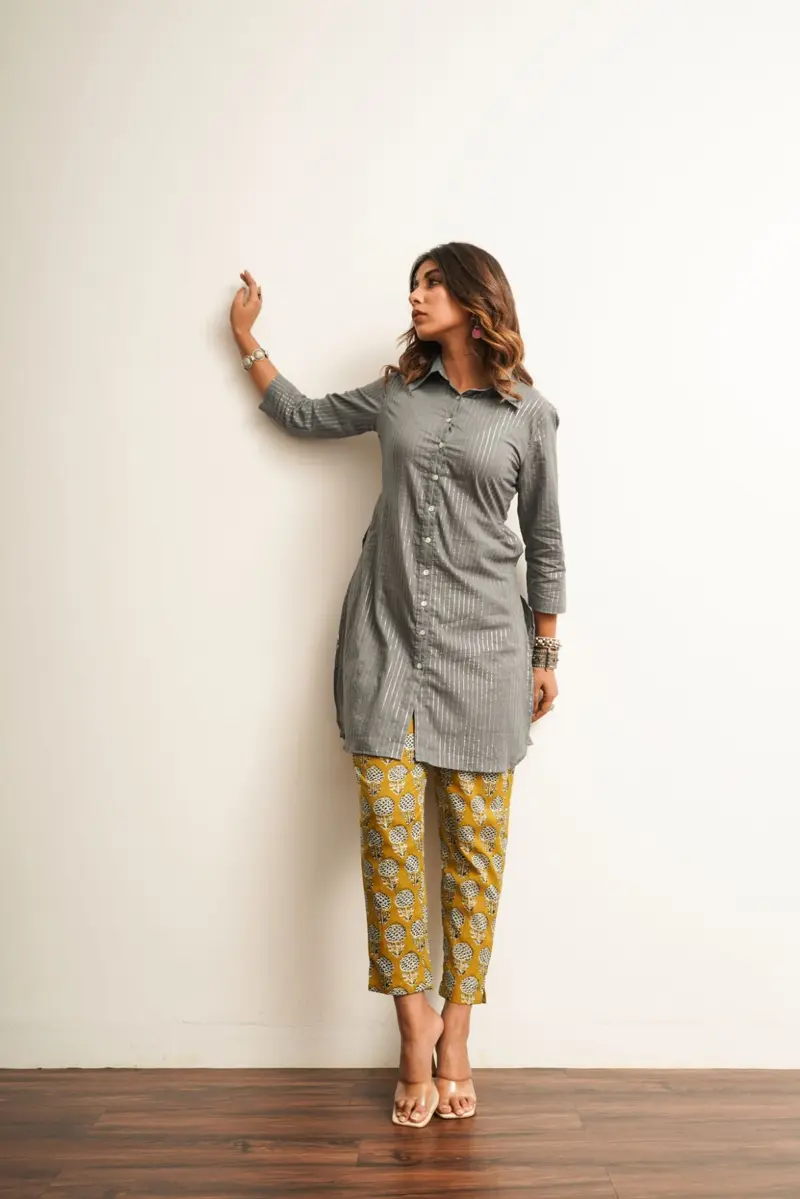 Grey Embellished Cotton Co-ord Set