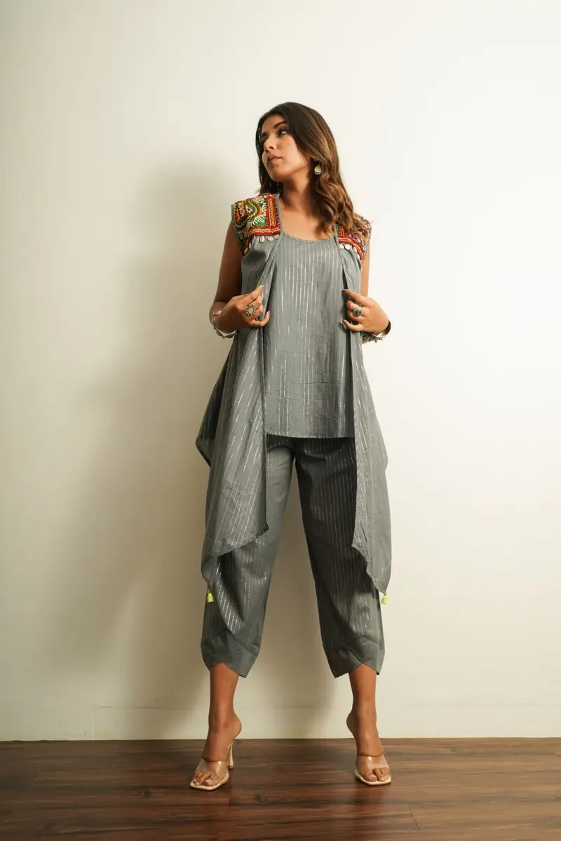 Grey Embroidered Cotton 3 pc Set