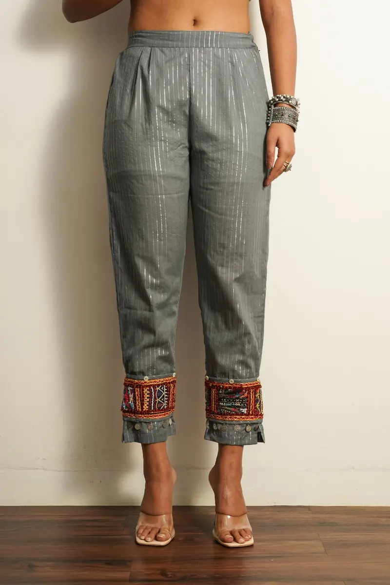 Grey Embroidered Cotton Straight Pant