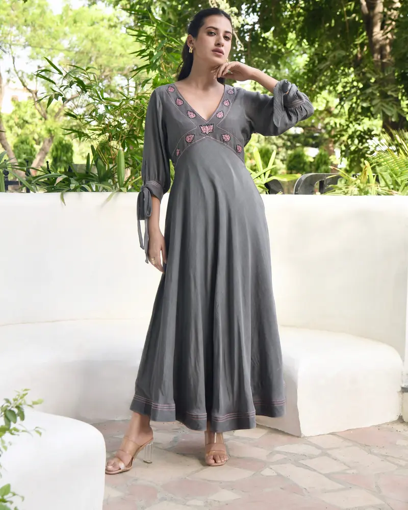 Grey Embroidered Silk Maxi Dress