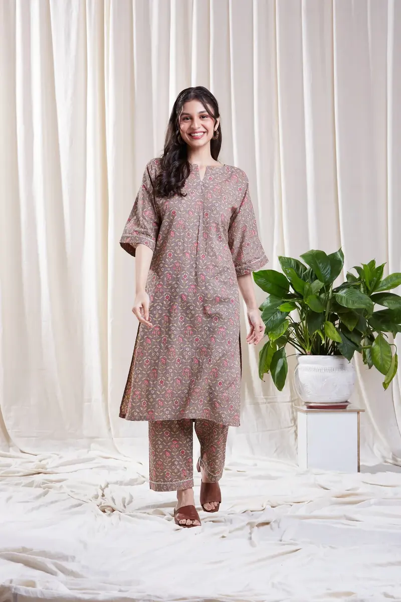 Grey Floral Printed Kurta Set
