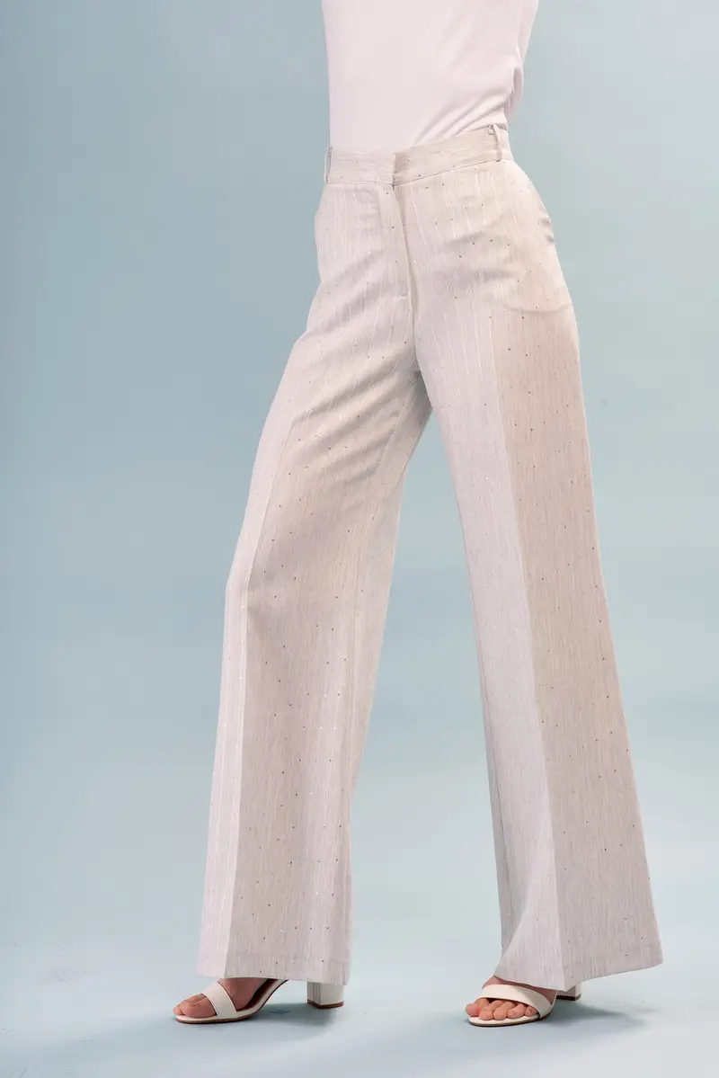 Grey Sequins Wide Leg Pinstripe Pants