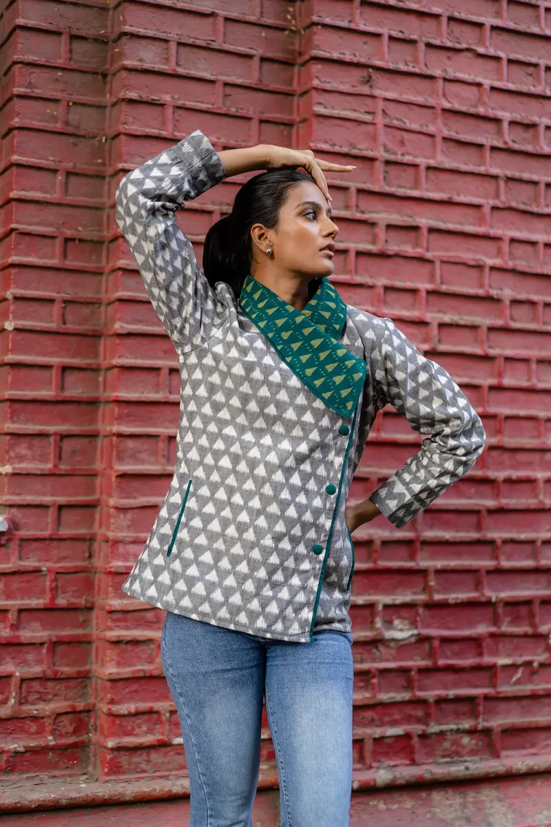 Grey Shawl Collar Work Wear Ikat Jacket