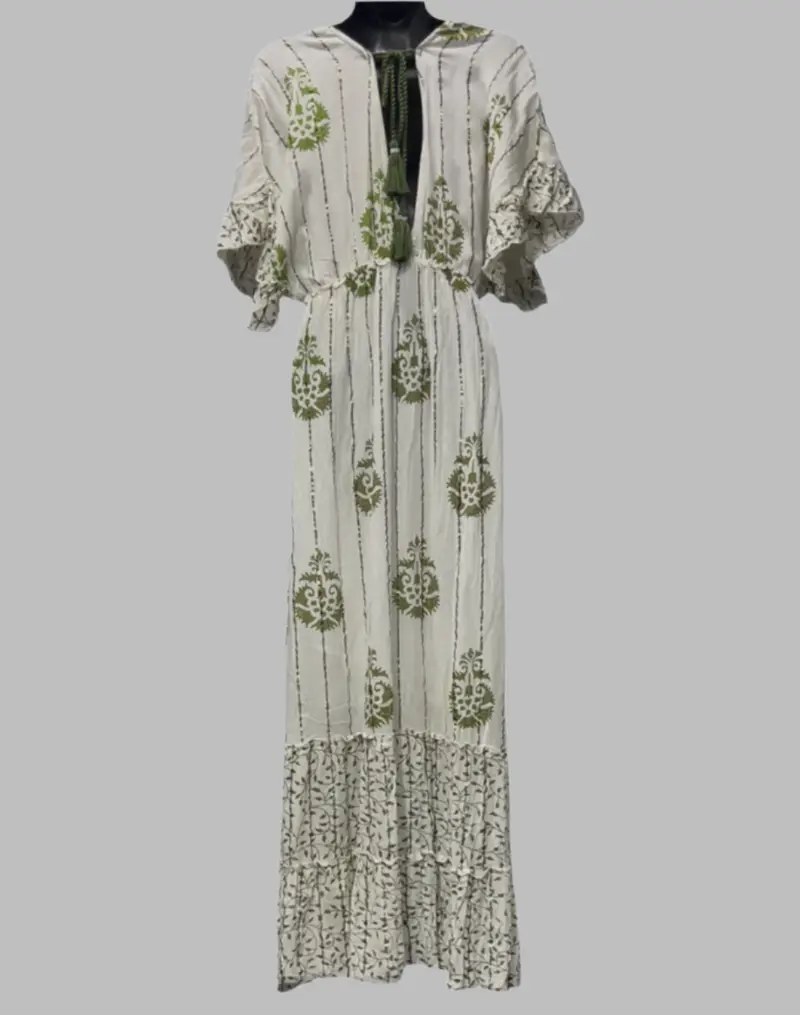 Hand Beaded Long Dress with Ruffle Sleeves