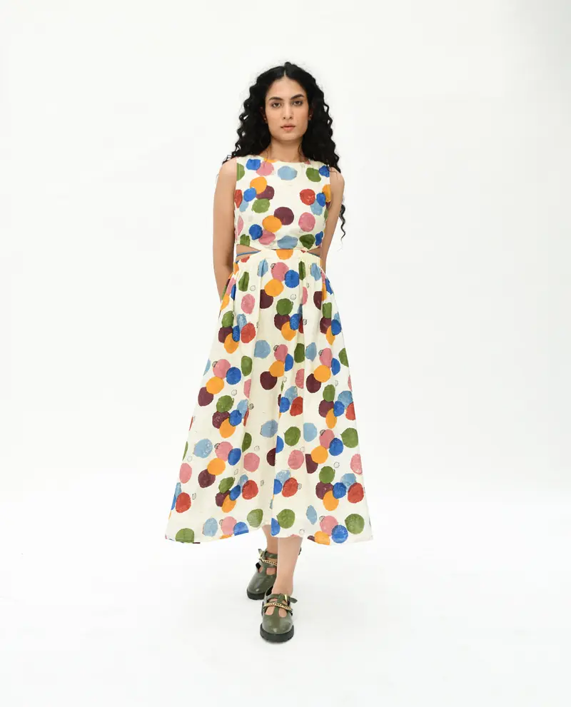 Handblock Printed Polka Dot Maxi Dress