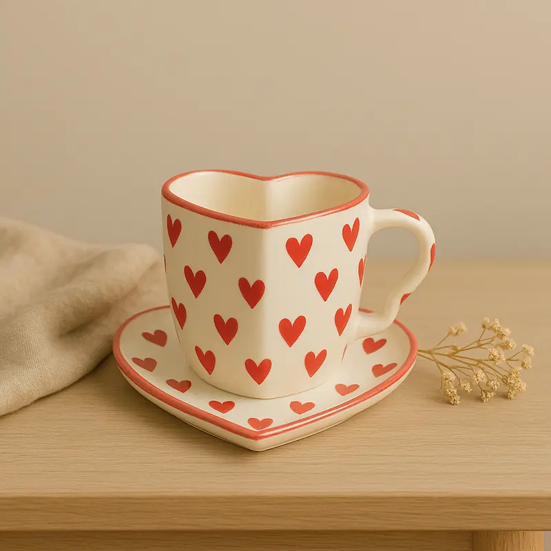Handmade Love Notes Mug & Dish Set – Heart-Shaped Ceramic Gift Duo