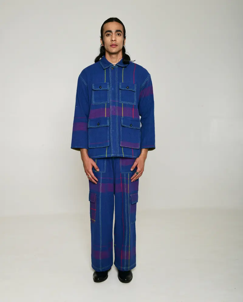 Handwoven Blue Multi Colored Cotton Shirt Jacket
