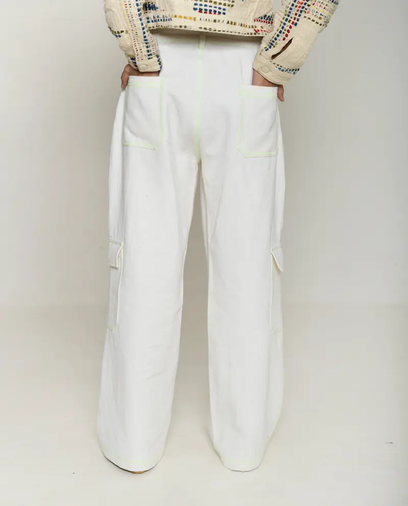 Handwoven White Cargo Pants