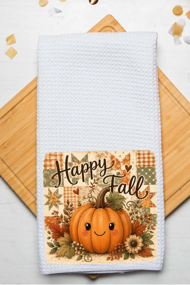 Happy Pumpkin Patchwork Waffle Kitchen Towel