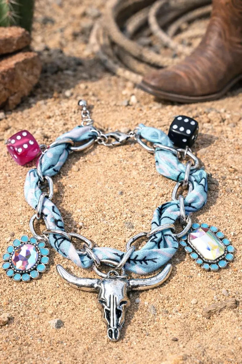 High Roller Steer Blue Fabric Chain Charm Bracelet