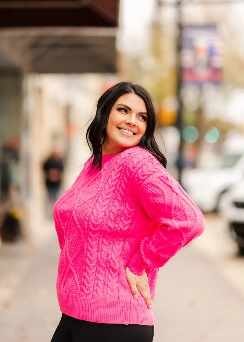 hot pink cable knit sweater