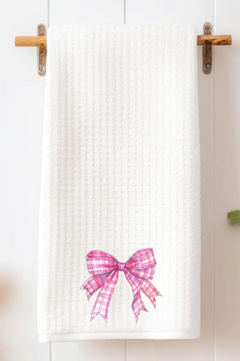 Hot Pink Gingham Bow Waffle Kitchen Towel