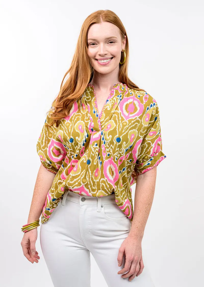 Ikat Popover Top in Ochre