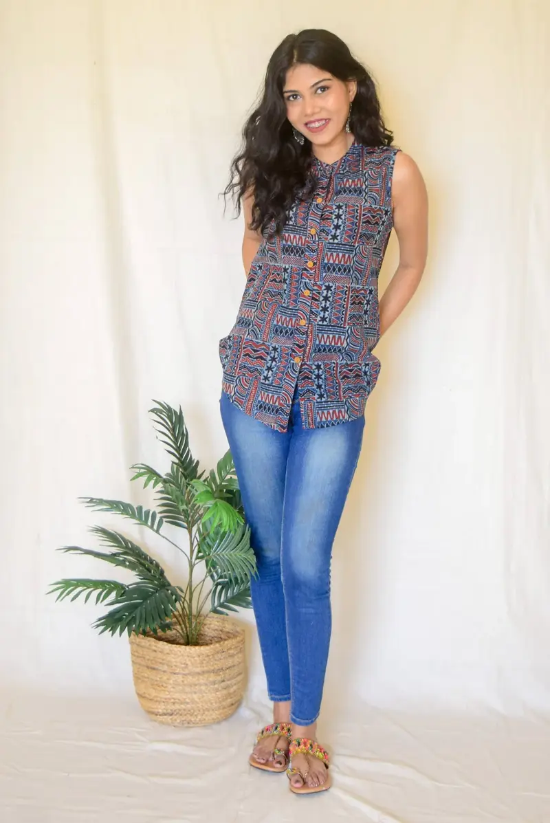 Indigo Printed Cotton Sleeveless Top