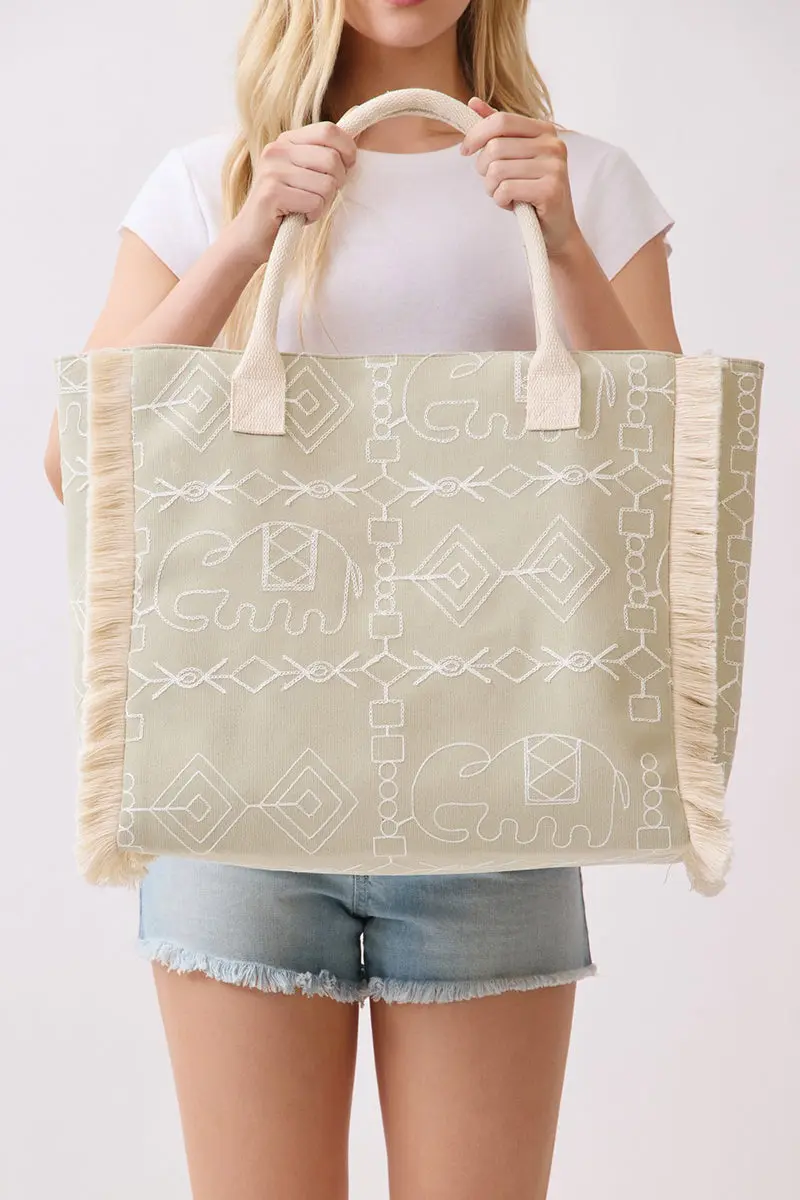 Indira Olive Elephant Fringe Tote