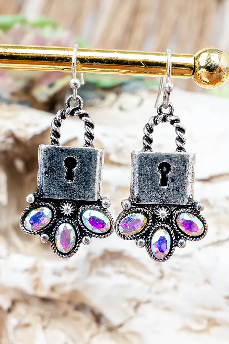 Iridescent Lock & Lasso Silvertone Earrings