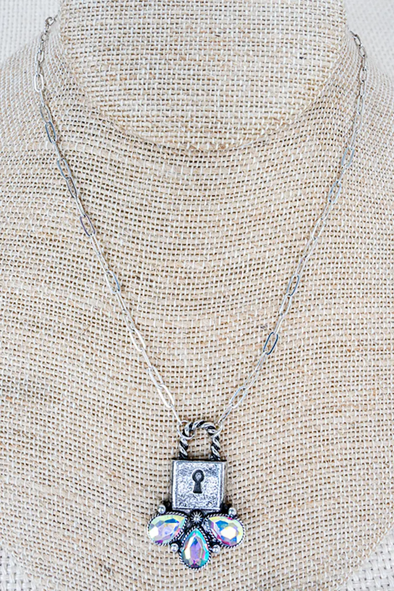 Iridescent Lock & Lasso Silvertone Necklace