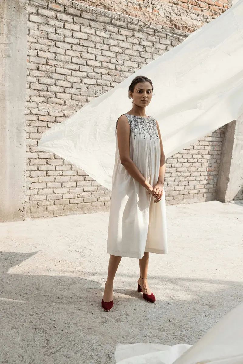 Ivory Pleated Neck Dress